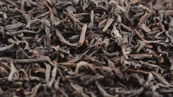 Макро-кадр из чистого большого Цейлонского листа черного чая. Камера скользит в сторону — стоковое видео