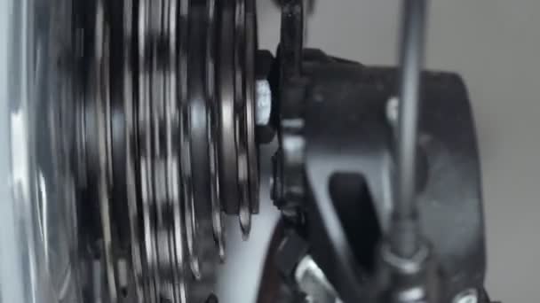 Dağ bisikleti MTB 'nin vites kolu, kasette zincir, arka raydan çıkarıcı. Cogset dişlileri üzerinde vites değiştir. Hızını, jokey tekerleğini, üst makarasını değiştiriyor. Bisiklet zinciri sürücüsü işi. Makro yakın çekim — Stok video