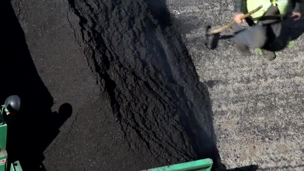 Ładunek wywrotka wlewa mieszankę betonu asfaltowego do zbiornika brukarza do naprawy dróg, przemysł. Specjalny sprzęt drogowy — Wideo stockowe