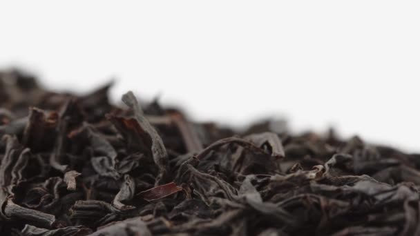 Macro shot, saf büyük Seylan yaprağı siyah çayı beyaz arka planda yatar. Boşluğu kopyala, metin için yer aç. Kamera yana kayar — Stok video