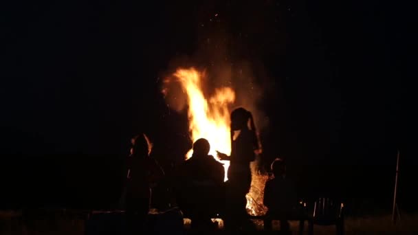 Fuoco ardente, carboni ardenti dal fuoco sullo sfondo del fiume all'alba. Campeggio e turismo, relax — Video Stock