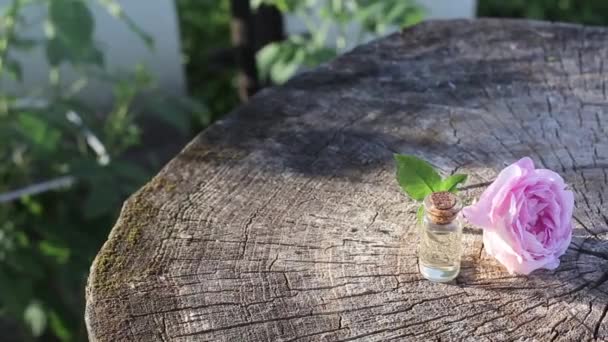 Láhev parfému s parfémem z růže na dřevěném pozadí. Koncept lahodné vůně květin — Stock video