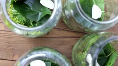 Kış için salatalıkların korunması. Salatalık, yemek ve geleneksel baharatlar için kavanoz dolusu sarımsak.