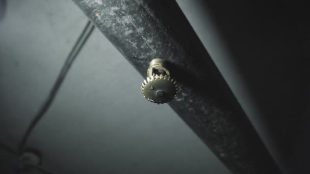 Broken faulty and defective Fire sprinkler system on the pipe in basement, water flows and leaks. Bad and inoperative safety system protection. Low angle shot — Stock Video