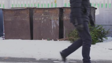 Kışın çöp tenekesine atılmış Noel ağacı. Noel ve Yeni Yıl sonu kavramı