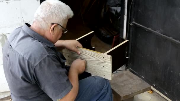 Homem velho faz uma cadeira para uma residência de verão, um hobby, Handmade, fundo — Vídeo de Stock