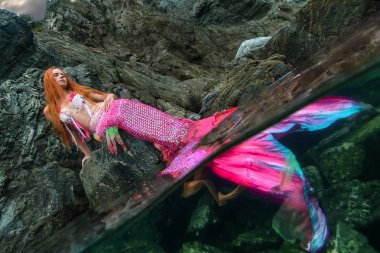 Deniz kıyısında uzun kuyruk ile güzel deniz kızı