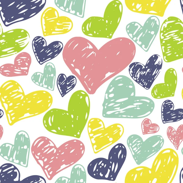 Dikişsiz el çizilen kalpler desen. Renkli mürekkep tasarım t-shirt, elbise, kumaşlar için. — Stok Vektör