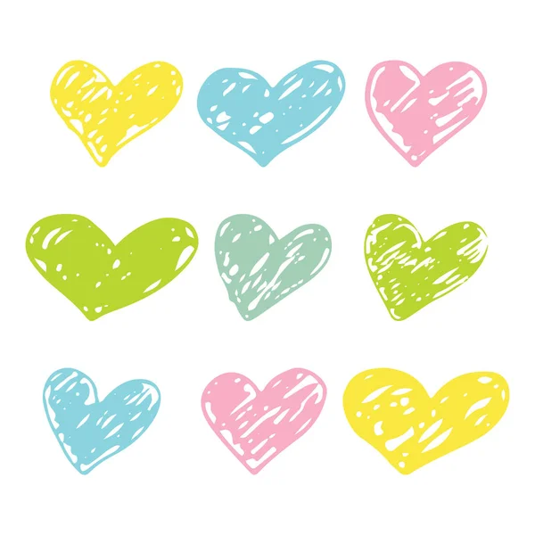 Un conjunto de corazones dibujados a mano pinceladas. Diseño colorido de la tinta para la camiseta, vestido, paños . — Archivo Imágenes Vectoriales