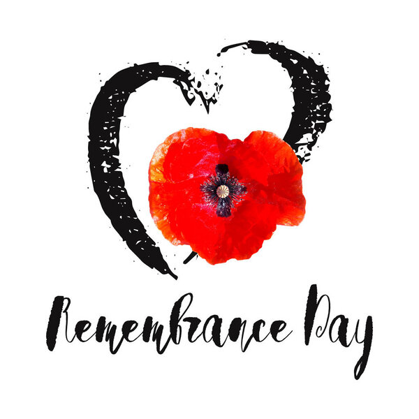Remembrance Day vector card. Lest We forget. Hand drawn heart and Realistic Red Poppy flower - international symbol of peace. Vector Illustration EPS 10 file.