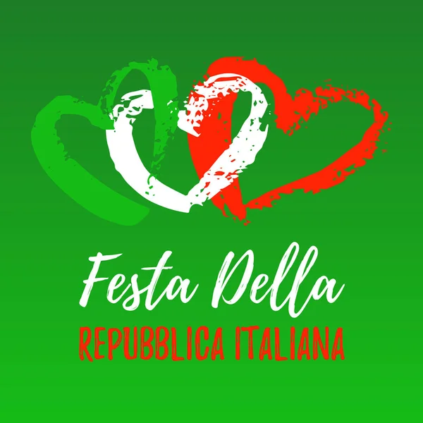 Festa Della Republica Italiana striscione di auguri. Bandiera italiana astratta con cuori disegnati a mano . — Vettoriale Stock