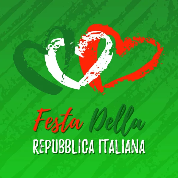 Banner de saludo Festa Della República Italiana. Bandera italiana abstracta con corazones dibujados a mano . — Vector de stock