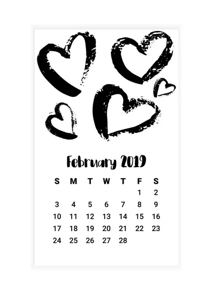 Calendario dibujado a mano 2019, mes de febrero concepto de diseño. Ilustración vectorial — Vector de stock