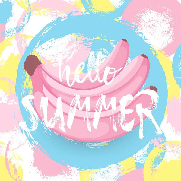 Olá Summer cartão de saudação com estilo plano Banana. Mão desenhada Hello Summer lettering em fundo de tinta esboçada . — Vetor de Stock