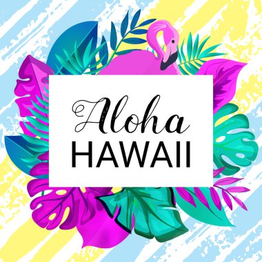 Aloha Hawaii gteeting afiş. Tropikal palmiye yaprakları ve elle çizilmiş fırça arka plan üzerinde Pembe Flamingo.