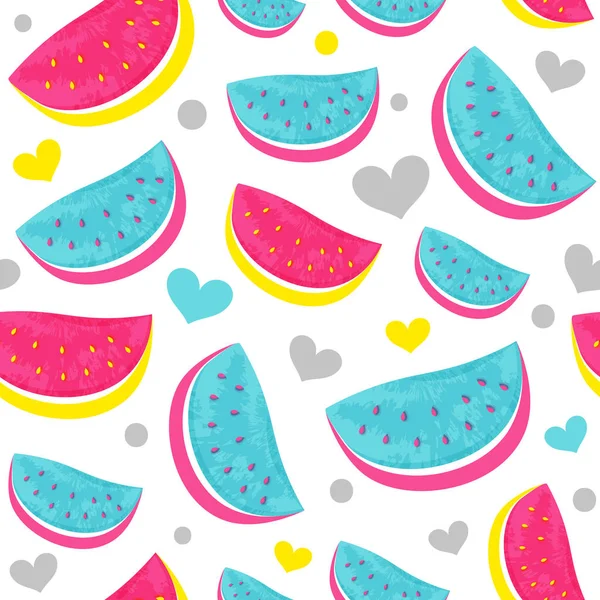 Nahtloses Wassermelonenmuster mit Herzen auf weißem Grund. — Stockvektor