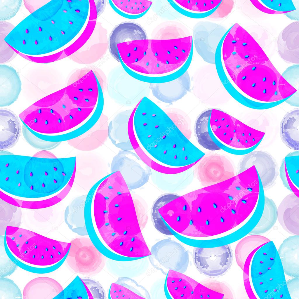 Seamless Watermelon Pattern isolated on the watercolor dotted background.