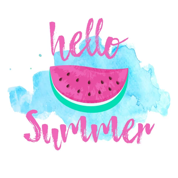 Hallo Sommer-Grußkarte mit rosa Wassermelone. handgezeichneter Hallo Sommer Schriftzug auf Aquarell Hintergrund — Stockvektor