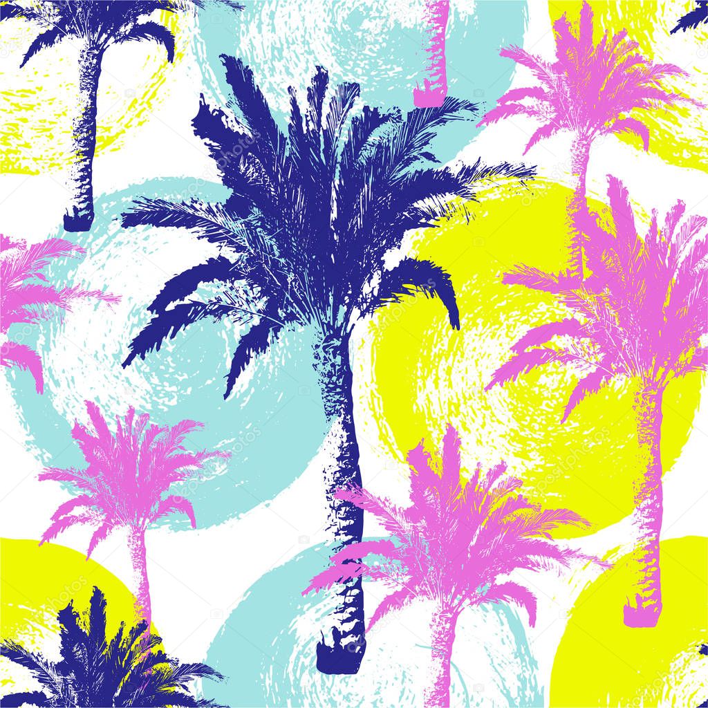 Hand drawn palm trees seamless pattern isolated on ink background. Exotic trendy background with tropical coconut palm tree