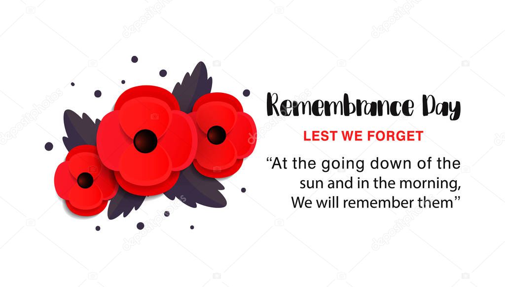 Remembrance Day vector poster. Lest We forget. Paper cut Red Poppy flower