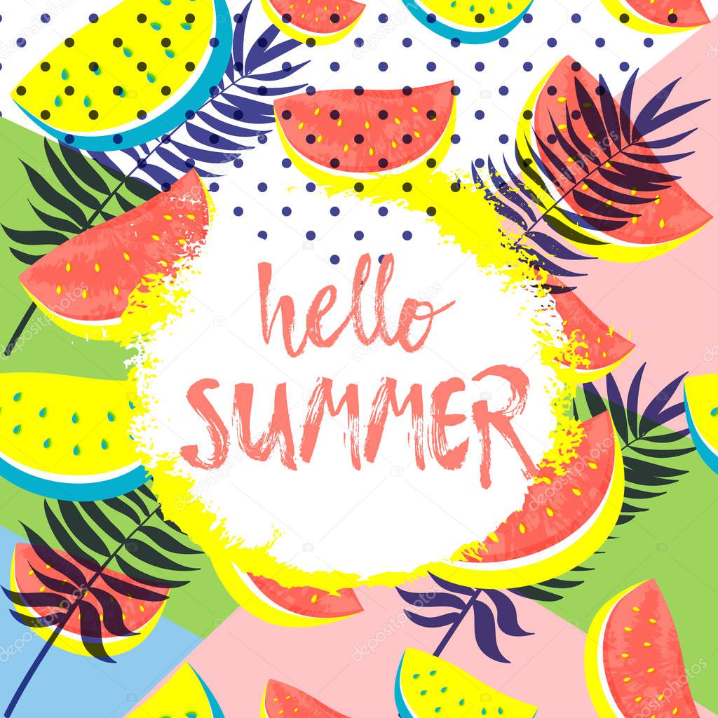 Hello Summer greeting card with pink Watermelon. Hand drawn Hello Summer lettering on colorful background.