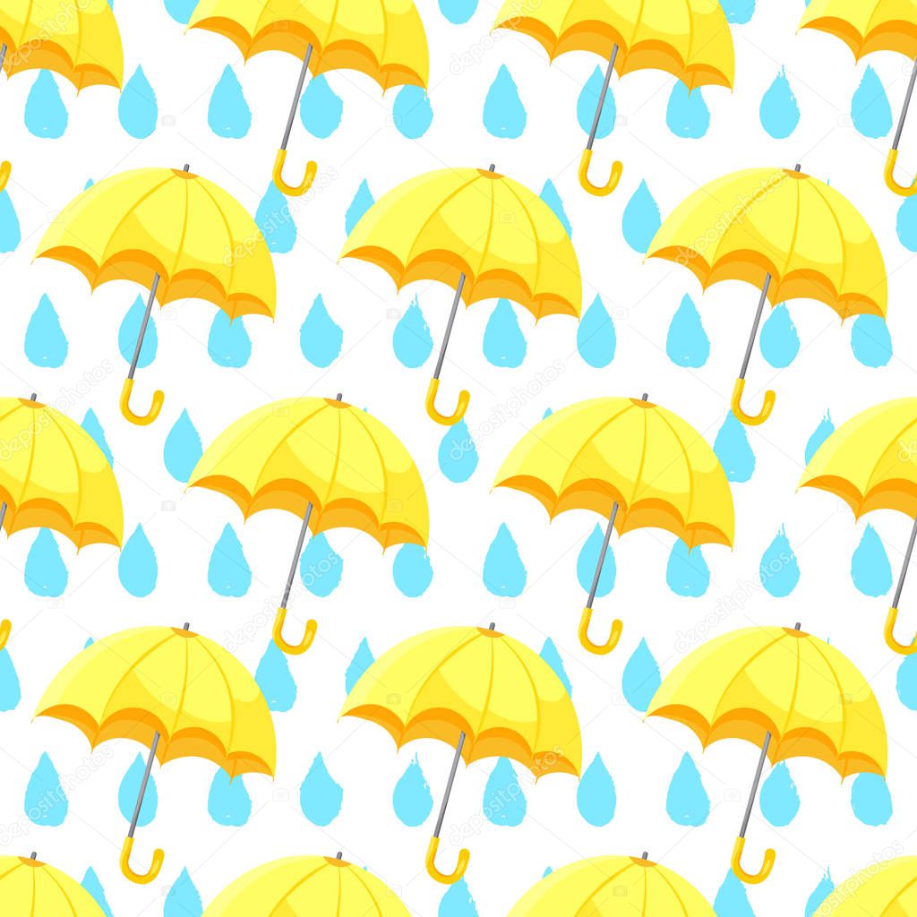 Seamless umbrella pattern with hand drawn raindrops.