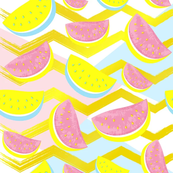 Niedliche Wassermelone Muster isoliert auf abstrakten Gold geometrischen Hintergrund. — Stockvektor