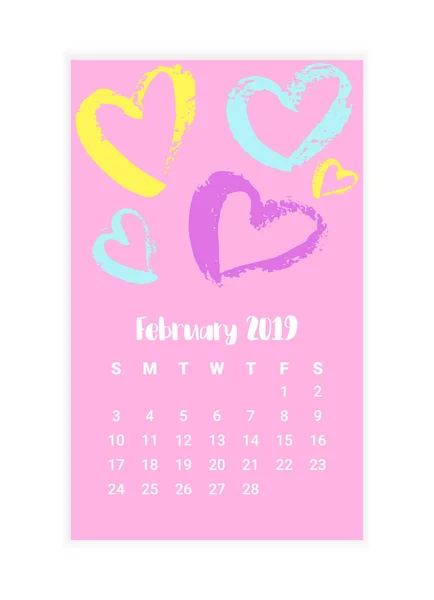 Calendario dibujado a mano 2019, mes de febrero concepto de diseño. Ilustración vectorial — Vector de stock