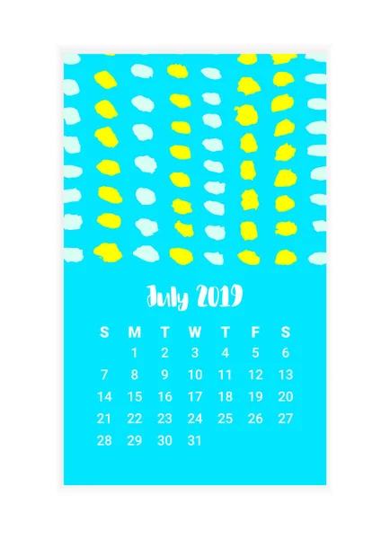 Calendario dibujado a mano 2019, mes de julio concepto de diseño. Ilustración vectorial — Vector de stock