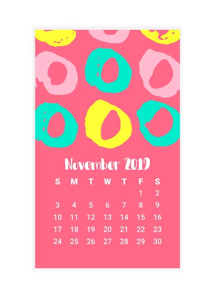 Calendário desenhado à mão 2019, design de conceito de mês de novembro. Ilustração vetorial — Vetor de Stock