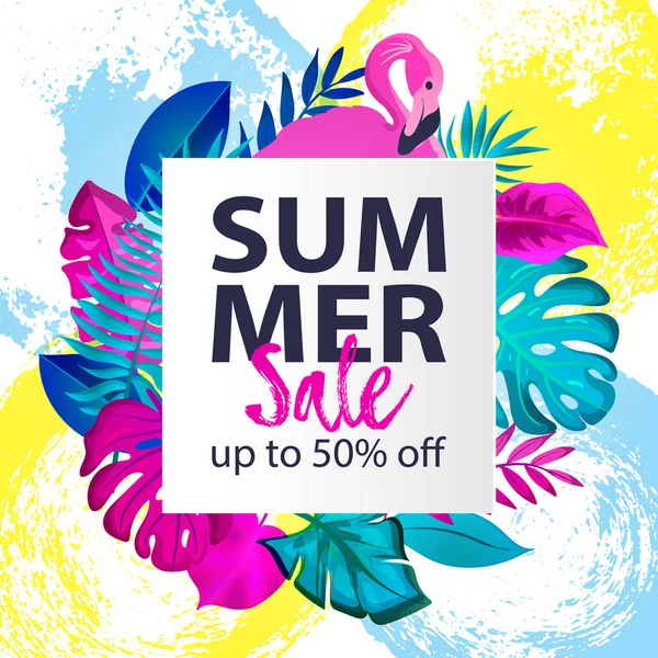 VENTA DE VERANO hasta 50 OFF banner con hojas de palma tropical y pájaro flamenco — Archivo Imágenes Vectoriales