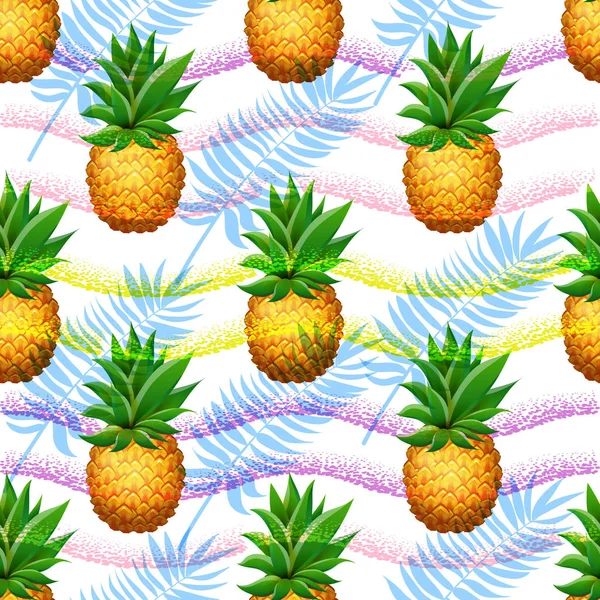 Seamless PINEAPPLE pattern. Realistic cartoon pineapples on hand drawn brush background — Stock Vector
