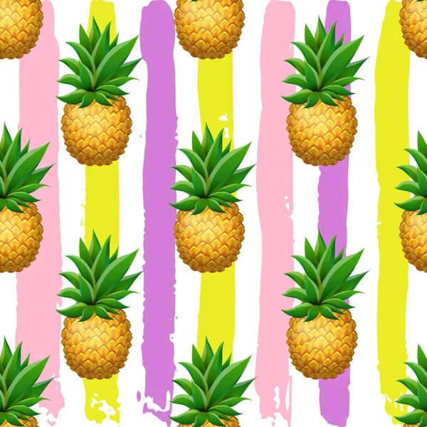 Seamless PINEAPPLE pattern. Realistic cartoon pineapples on hand drawn brush background