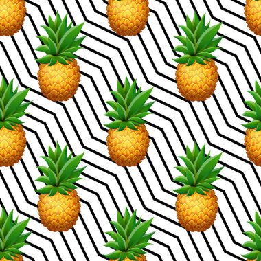 Geometrik satır arkaplanı üzerinde sorunsuz ananas tropikal desen. Gerçekçi çizgi film ananas.