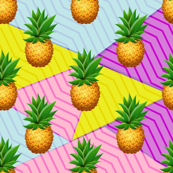 Bezszwowe ananas tropikalny wzór na tle geometricl. Realistyczne kreskówka ananasy. — Wektor stockowy