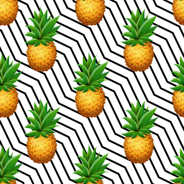 Bezszwowe ananas tropikalny wzór na tle geometrycznej linii. Realistyczne kreskówka ananasy. — Wektor stockowy