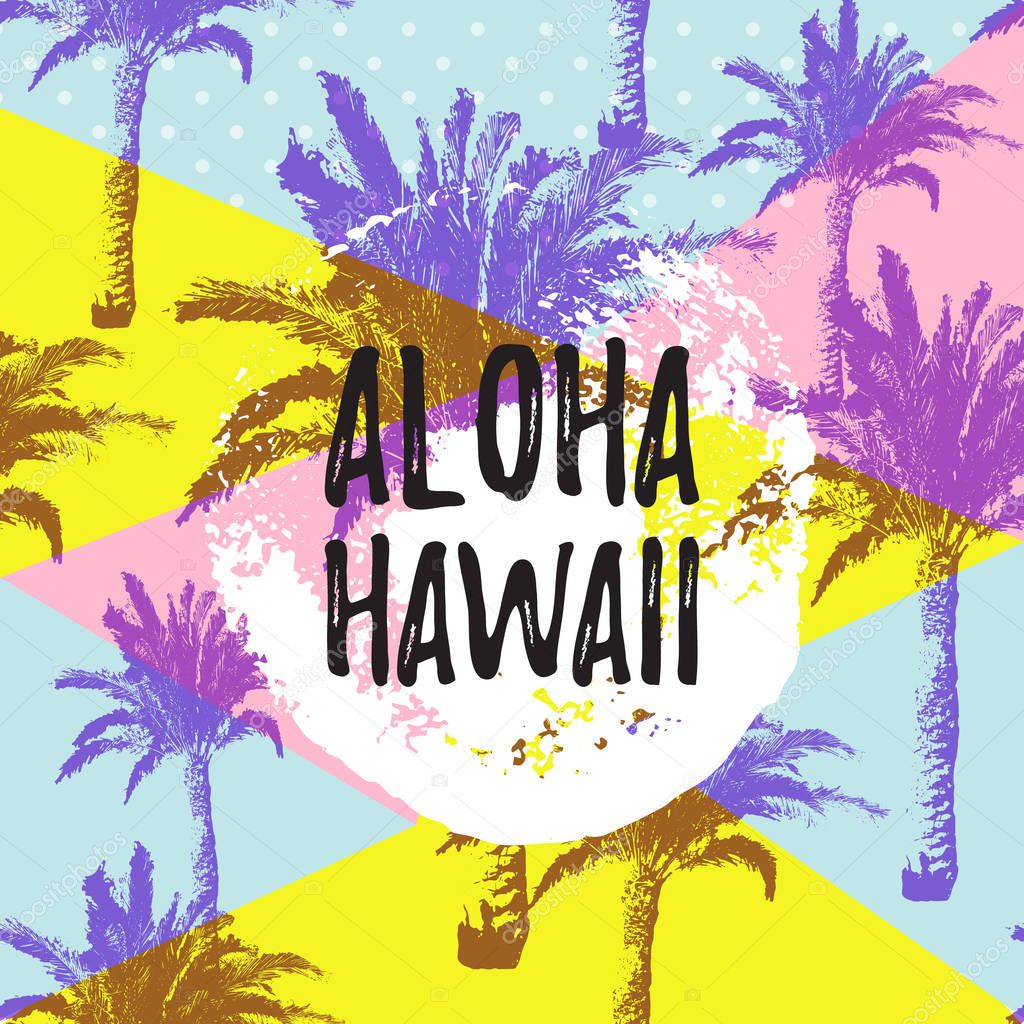 ALOHA HAWAII gteeting banner. Tropical palm leaves and Pink Flamingo on hand drawn brush background.