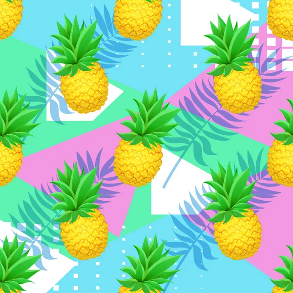 Ananas tropikalny wzór z palm pozostawia na tle geometryczne. Realistyczne kreskówka ananasy. — Wektor stockowy
