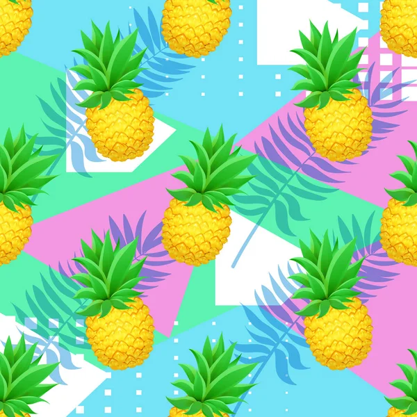 Seamless PINEAPPLE tropical pattern with palm leaves on geometrical background. Realistic cartoon pineapples.