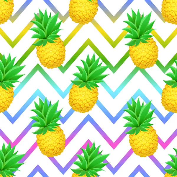 Nahtlose tropische Ananas-Muster auf geometrischem Zick-Zack-Strich-Hintergrund. — Stockvektor