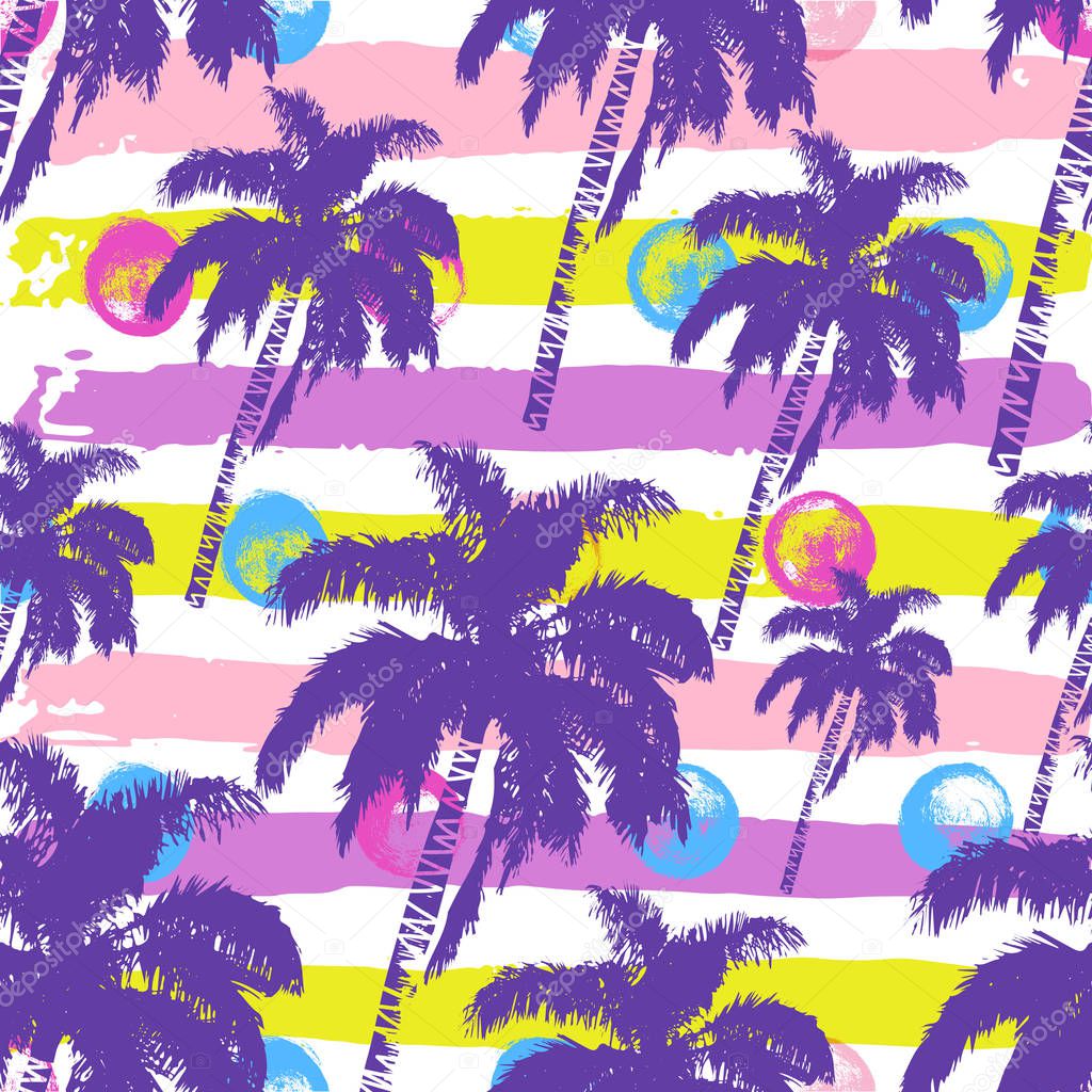 Hand drawn palm trees seamless pattern isolated on ink background. Exotic trendy background with tropical coconut palm tree