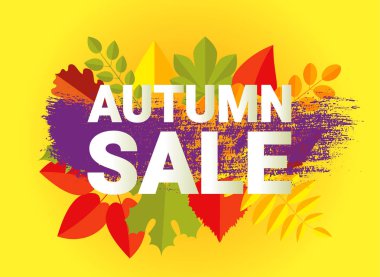 Sonbahar satış banner tipografi tasarımı. Düz stil sonbahar harflerle Retro sonbahar yaprakları.