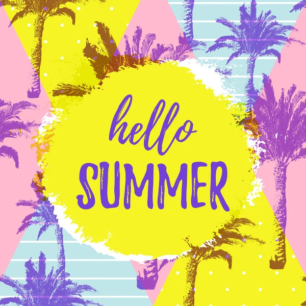 Hallo Sommer Gruß Banner. tropische handgezeichnete Palmen Muster auf geometrischem Pop-Art Hintergrund. — Stockvektor