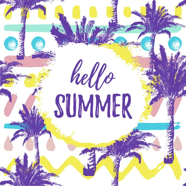 Hallo Sommer Gruß Banner. tropische Hand gezeichnet Palmen Muster auf Pinsel Pop Art Hintergrund. — Stockvektor