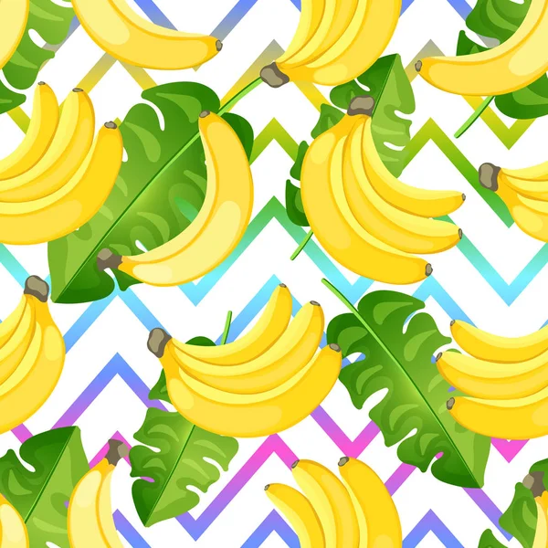 추상적인 지그재그 배경에 노란색 바나나의 완벽 한 열 대 패턴입니다. 평면 스타일 바나나 지점. — 스톡 벡터