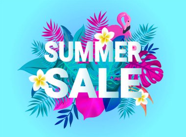 Yaz Satılık kartı tipografi tasarımı. Retro tropikal harfleri ile frangipani çiçekler, palmiye yaprakları ve flamingo kuşu.