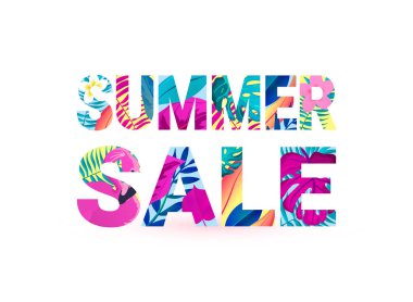 Yaz Satılık tipografi tasarımı. Retro tropikal harfleri ile frangipani çiçekler, palmiye yaprakları ve flamingo kuşu.