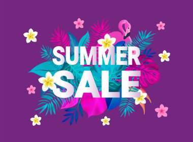 Yaz Satılık kartı tipografi tasarımı. Retro tropikal harfleri ile frangipani çiçekler, palmiye yaprakları ve flamingo kuşu.