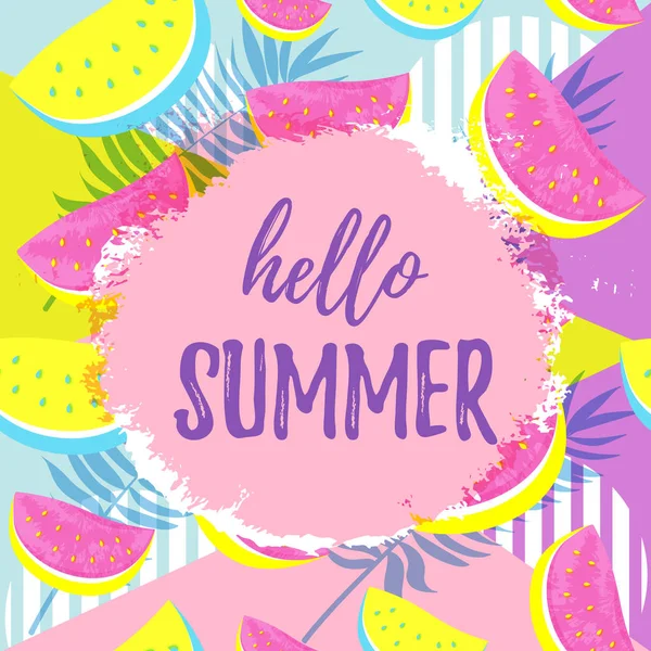 HELLO SUMMER saudação banner. Padrão de melancia sem costura isolado no fundo de arte pop geometrci . —  Vetores de Stock