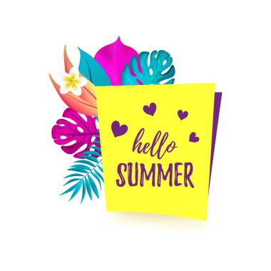 Merhaba yaz karikatür konuşma balonu gerçekçi tropikal palmiye yaprakları ile.